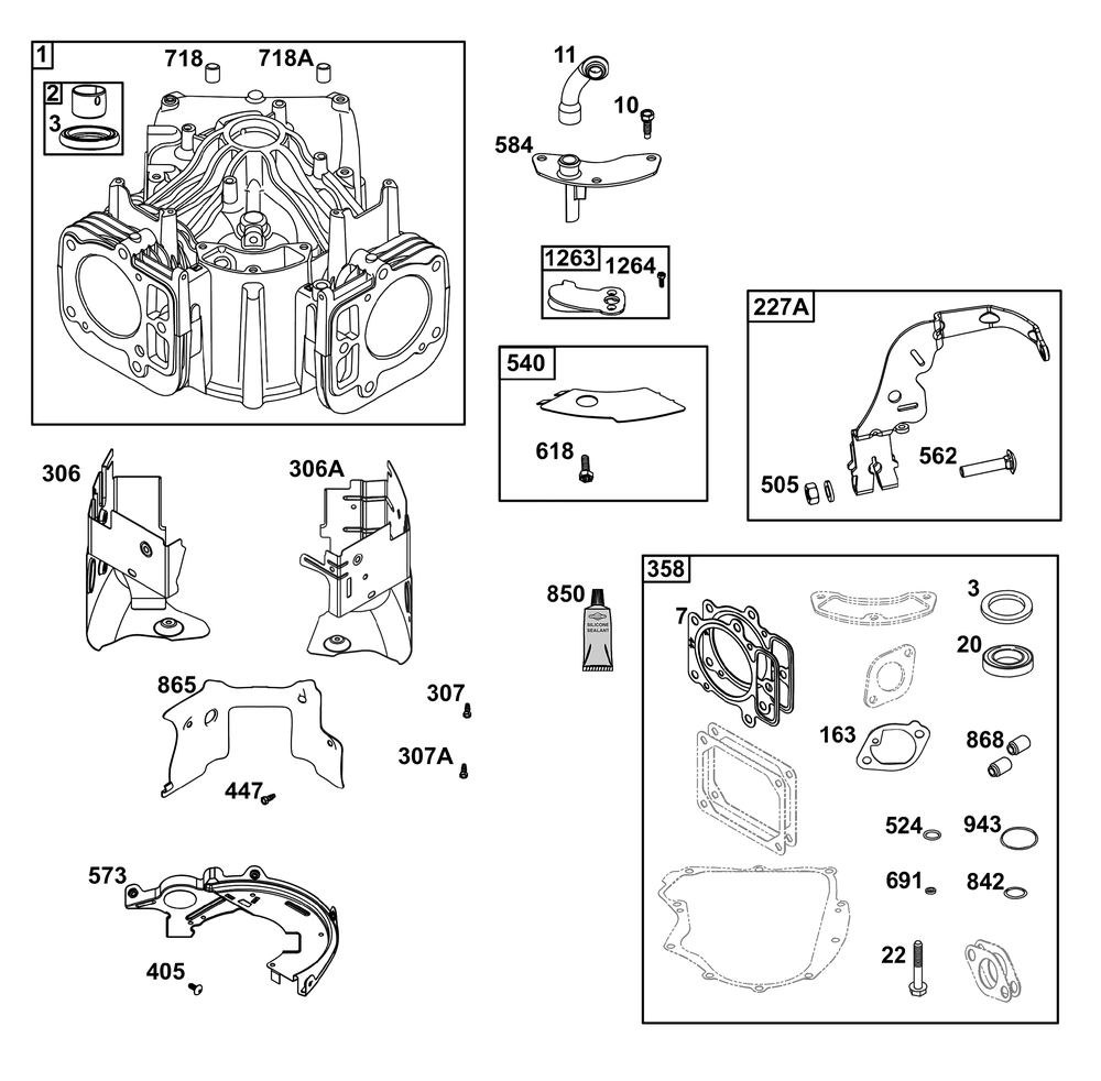 Cylinder Group Diagram and Parts List for 44U777-0011-G1 400000 - 699999 Briggs and Stratton Engine